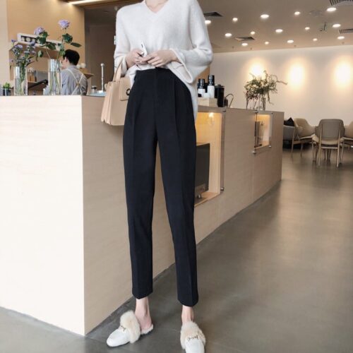 Autumn / Winter High Waist Thick Broadcloth Solid Pants - Image 2