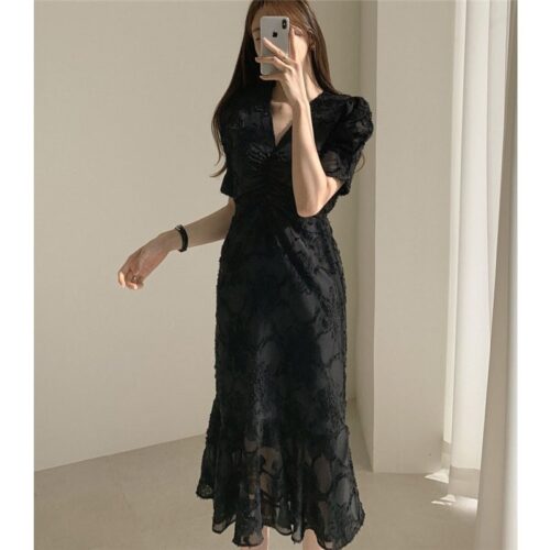 Spring / Autumn V-Neck Short Sleeves Waist-Controlled Creased Midi Dress - Image 2
