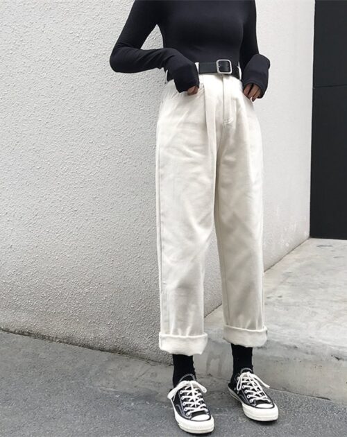 Natural Waist Zipper Fly Thin Solid loose Pants