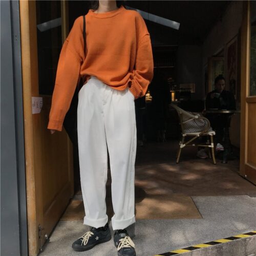 Elastic High Waist Straight Solid Pants