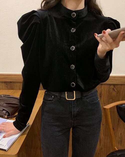 Winter Stand Collar Long Sleeves Velvet Black Solid Buttons Blouse