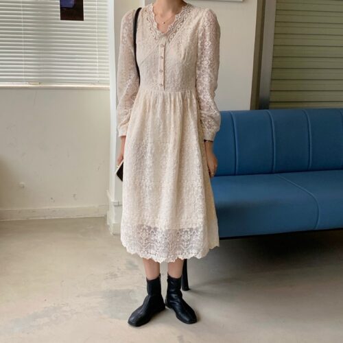 Spring / Autumn V-Neck Long Sleeves Lace Midi Dress - Image 4