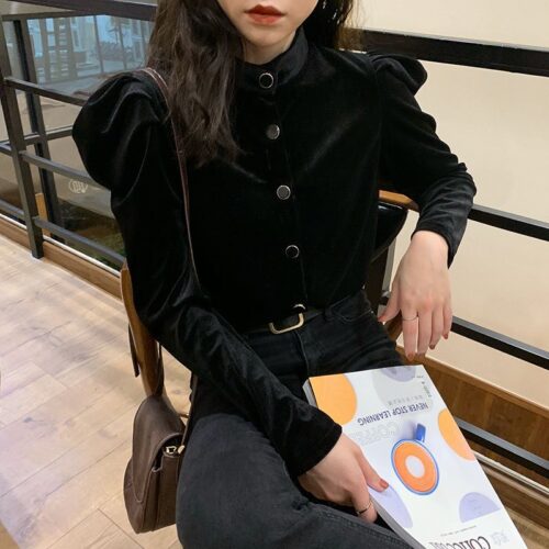 Winter Stand Collar Long Sleeves Velvet Black Solid Buttons Blouse - Image 2