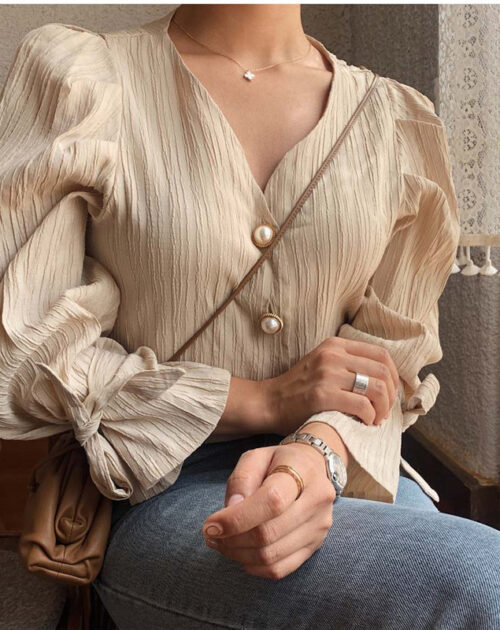 Korean Long Sleeves Pearl Buttons Solid Blouse