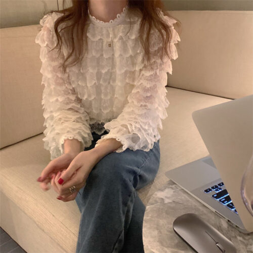 Spring / Autumn O-Neck Long Sleeves Hook Flowers Hollow Out Ruffles Blouse - Image 4