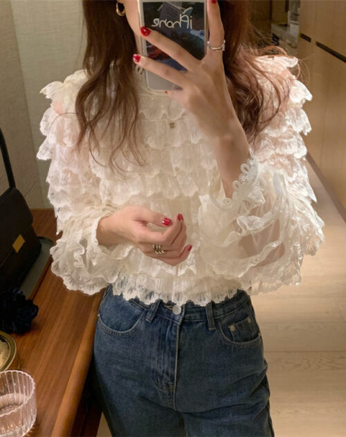 Long Sleeves Hook Flowers Hollow Out Ruffles Blouse