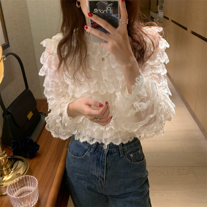 Spring / Autumn O-Neck Long Sleeves Hook Flowers Hollow Out Ruffles ...