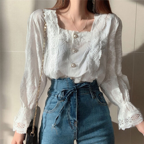 Spring / Autumn Square Collar Flare Sleeves Hollow Out Pearl Buttons Blouse - Image 6