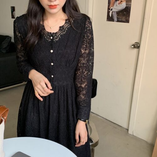 Spring / Autumn V-Neck Long Sleeves Lace Midi Dress - Image 3