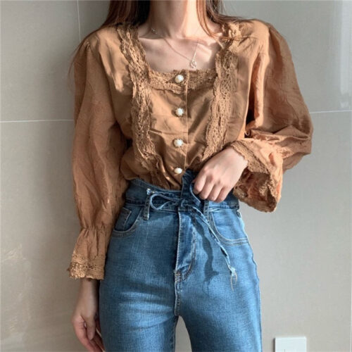 Spring / Autumn Square Collar Flare Sleeves Hollow Out Pearl Buttons Blouse - Image 3