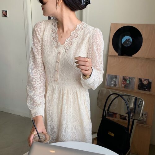 Spring / Autumn V-Neck Long Sleeves Lace Midi Dress - Image 6