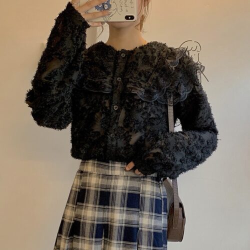Spring / Autumn Ruffled Collar Puff Sleeves Lace See Through Blouse - Image 3
