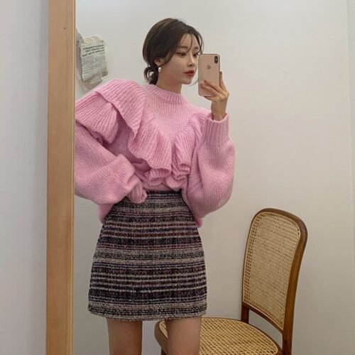 Winter Korean O-Neck Loose Ruffles Solid Sweater - Image 5
