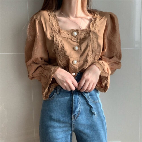 Spring / Autumn Square Collar Flare Sleeves Hollow Out Pearl Buttons Blouse - Image 5