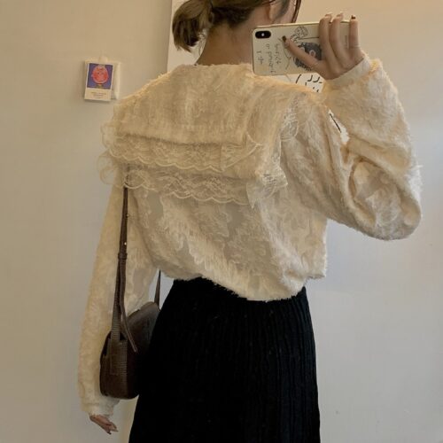 Spring / Autumn Ruffled Collar Puff Sleeves Lace See Through Blouse - Image 4