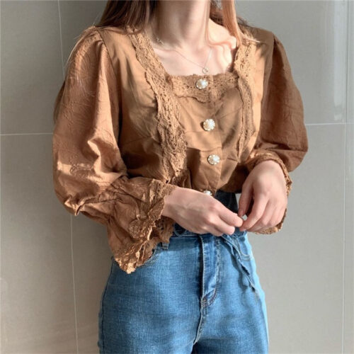 Spring / Autumn Square Collar Flare Sleeves Hollow Out Pearl Buttons Blouse - Image 4