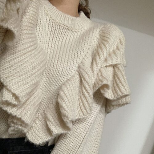 Winter Korean O-Neck Loose Ruffles Solid Sweater - Image 3