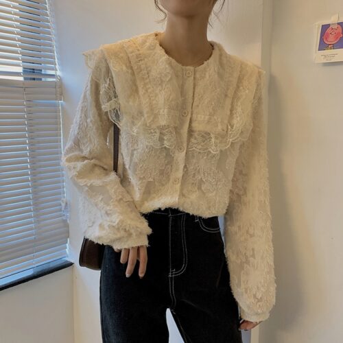 Spring / Autumn Ruffled Collar Puff Sleeves Lace See Through Blouse - Image 5