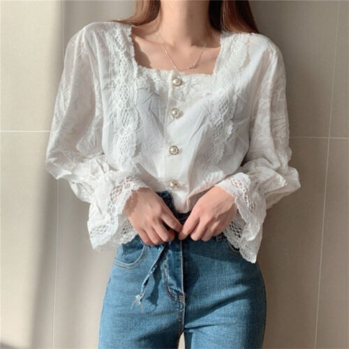 Spring / Autumn Square Collar Flare Sleeves Hollow Out Pearl Buttons Blouse - Image 2