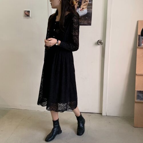 Spring / Autumn V-Neck Long Sleeves Lace Midi Dress - Image 2