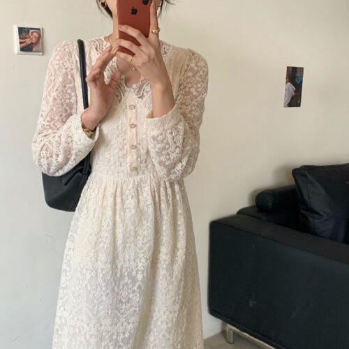 V-Neck Long Sleeves Lace Midi Dress
