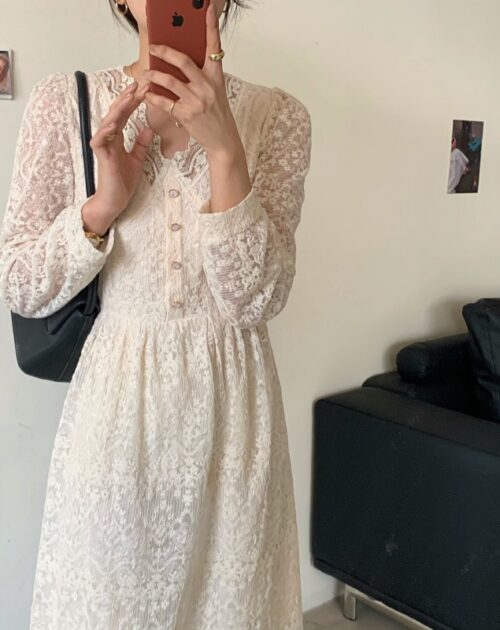 V-Neck Long Sleeves Lace Midi Dress