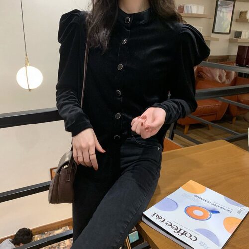 Winter Stand Collar Long Sleeves Velvet Black Solid Buttons Blouse - Image 4