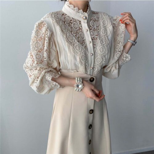 Spring / Autumn Stand Collar Long Sleeves Hollow Out Lace Buttons Blouse - Image 5