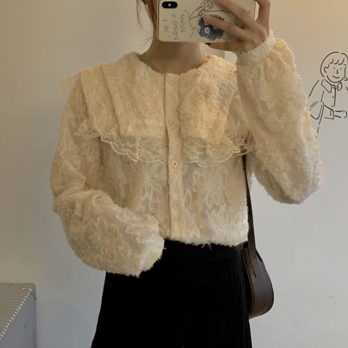 Spring / Autumn Ruffled Collar Puff Sleeves Lace See Through Blouse - Image 6