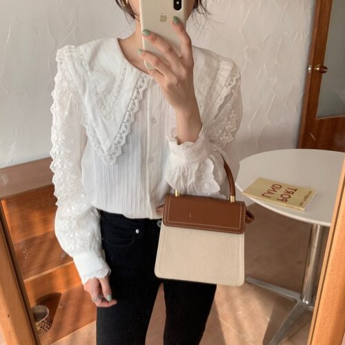 Autumn Korean Butterfly Collar Lantern Sleeves Lace Blouse