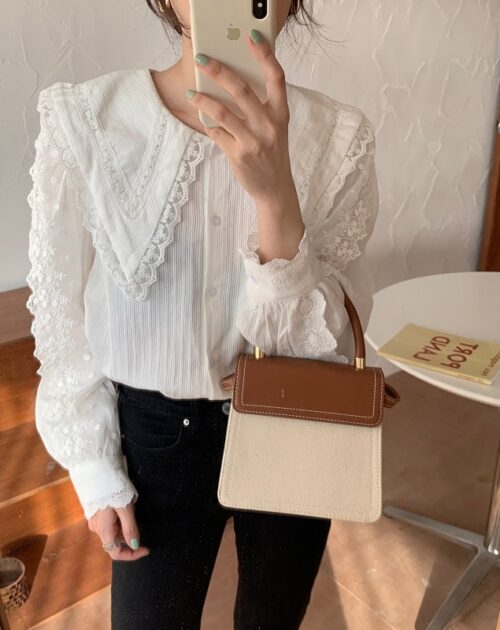 Autumn Korean Butterfly Collar Lantern Sleeves Lace Blouse