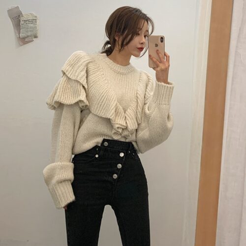 Winter Korean O-Neck Loose Ruffles Solid Sweater - Image 2