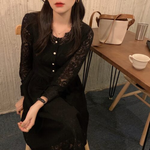 Spring / Autumn V-Neck Long Sleeves Lace Midi Dress - Image 5