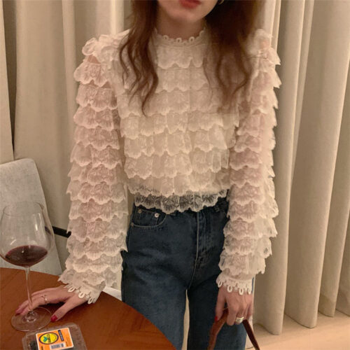 Spring / Autumn O-Neck Long Sleeves Hook Flowers Hollow Out Ruffles Blouse - Image 2