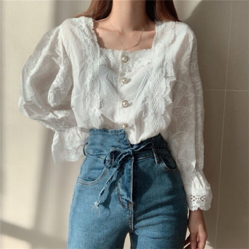 Square Collar Flare Sleeves Hollow Out Pearl Buttons Blouse