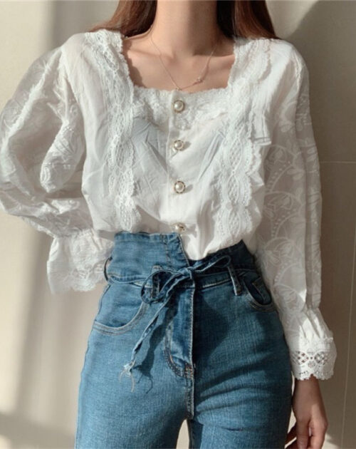 Square Collar Flare Sleeves Hollow Out Pearl Buttons Blouse