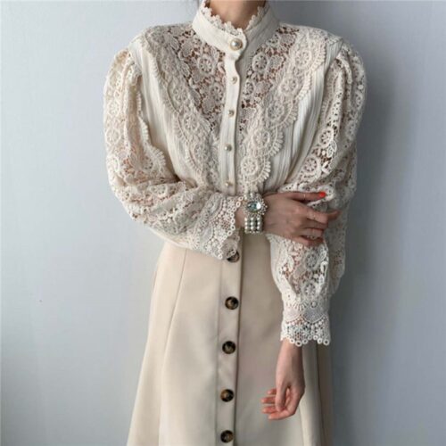 Spring / Autumn Stand Collar Long Sleeves Hollow Out Lace Buttons Blouse - Image 4