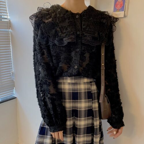 Ruffled Collar Puff Sleeves Lace See Through Blouse