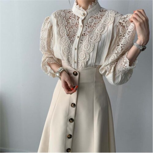 Spring / Autumn Stand Collar Long Sleeves Hollow Out Lace Buttons Blouse - Image 3