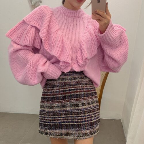 Winter Korean O-Neck Loose Ruffles Solid Sweater - Image 4