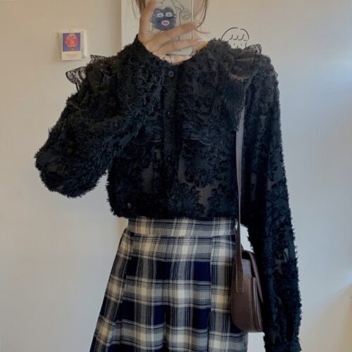 Spring / Autumn Ruffled Collar Puff Sleeves Lace See Through Blouse - Image 2
