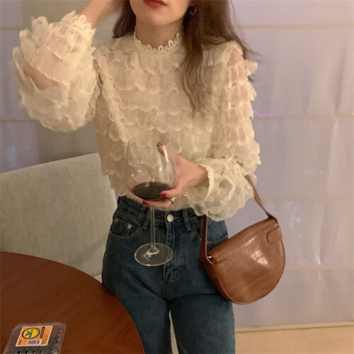 Spring / Autumn O-Neck Long Sleeves Hook Flowers Hollow Out Ruffles Blouse - Image 3