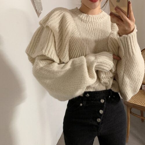 Winter Korean O-Neck Loose Ruffles Solid Sweater