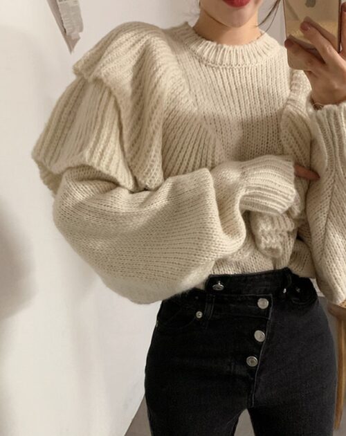 Winter Korean O-Neck Loose Ruffles Solid Sweater
