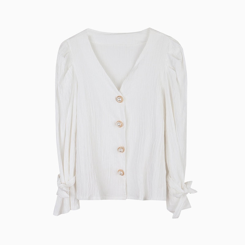 Spring / Autumn Korean Long Sleeves Pearl Buttons Solid Blouse ...