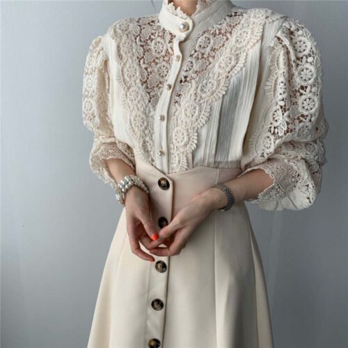 Stand Collar Long Sleeves Hollow Out Lace Buttons Blouse