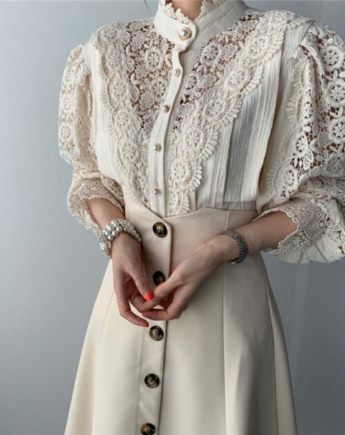 Stand Collar Long Sleeves Hollow Out Lace Buttons Blouse