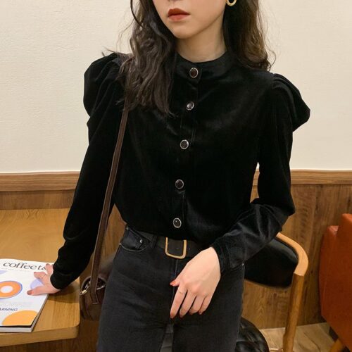 Winter Stand Collar Long Sleeves Velvet Black Solid Buttons Blouse - Image 3