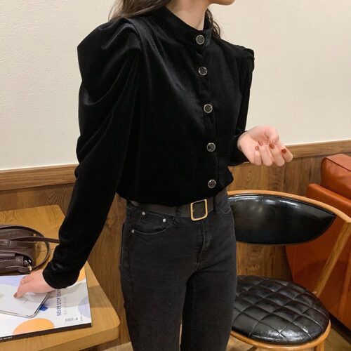 Winter Stand Collar Long Sleeves Velvet Black Solid Buttons Blouse - Image 5