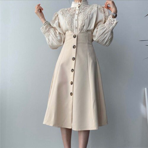 Spring / Autumn Stand Collar Long Sleeves Hollow Out Lace Buttons Blouse - Image 2